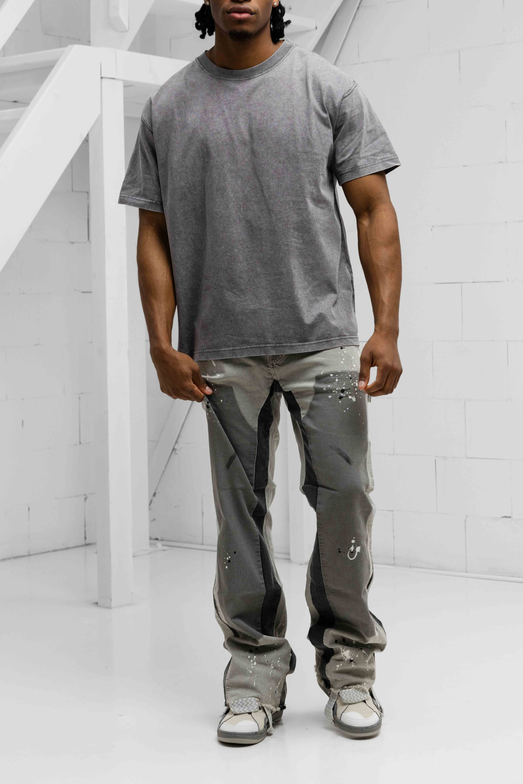Vintage Grey T-Shirt & Paint Splatter Denims Grey - Set