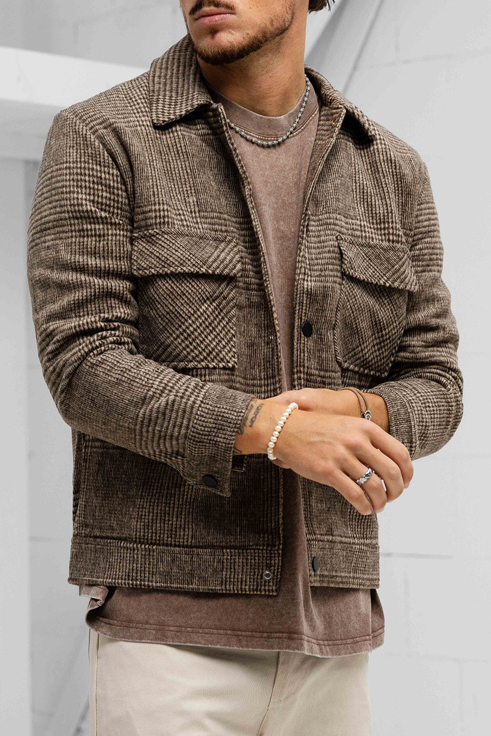 Tweed Wool Checkered Jacket - Khaki