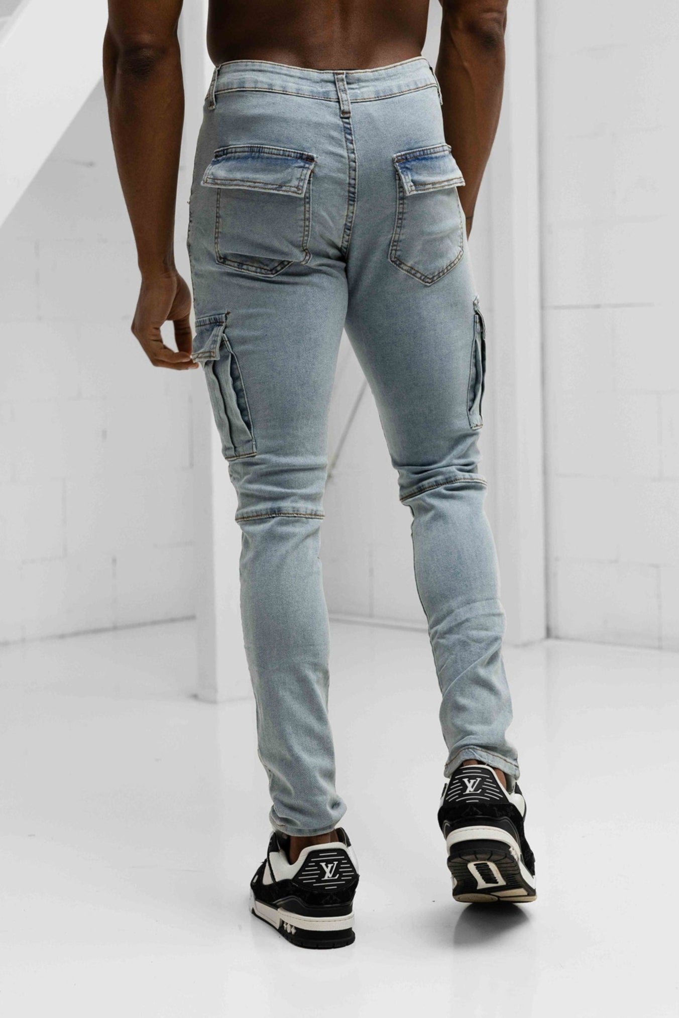 Slim Fit Washed Denim Cargos - Blue