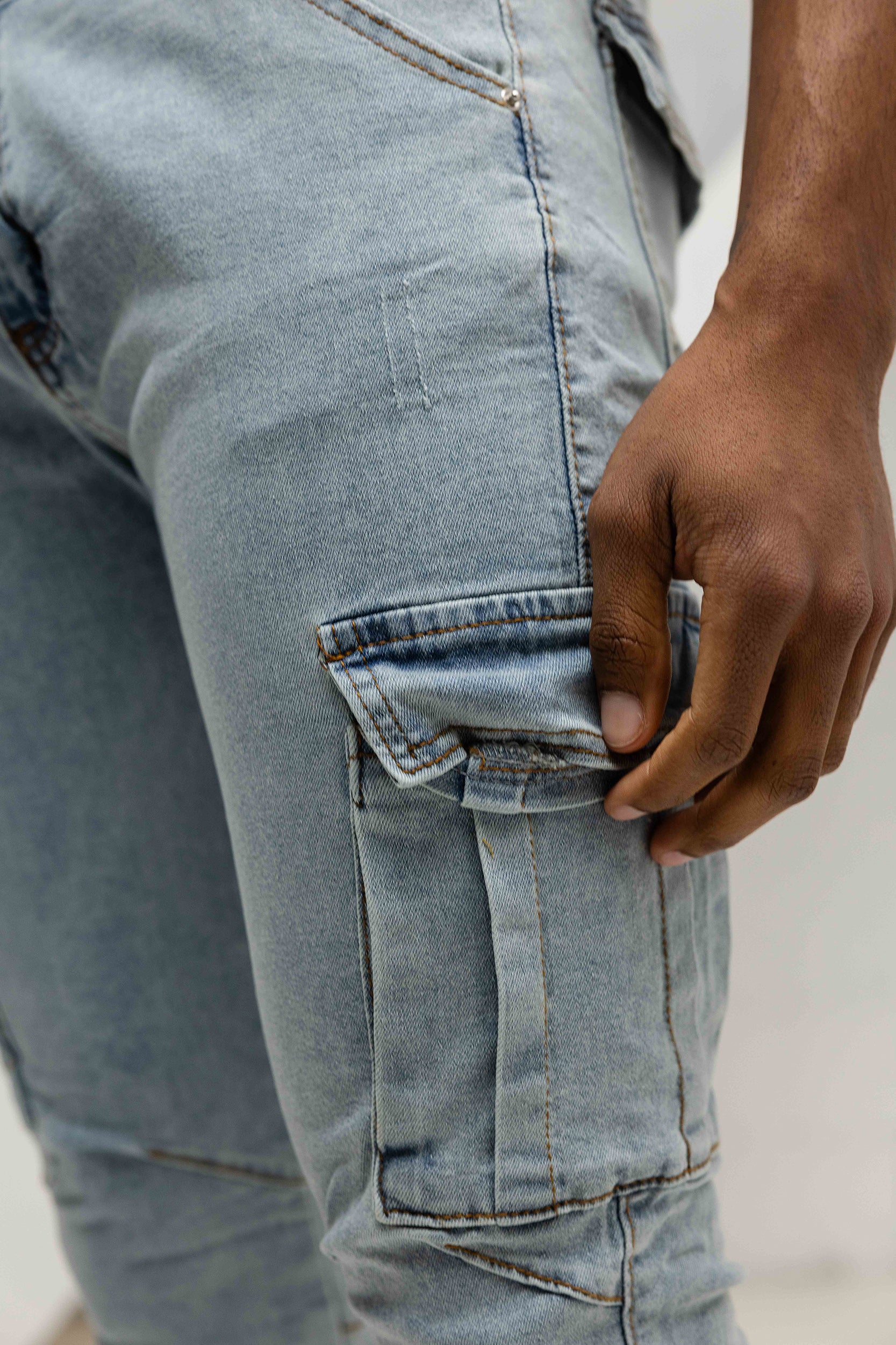Slim Fit Washed Denim Cargos - Blue