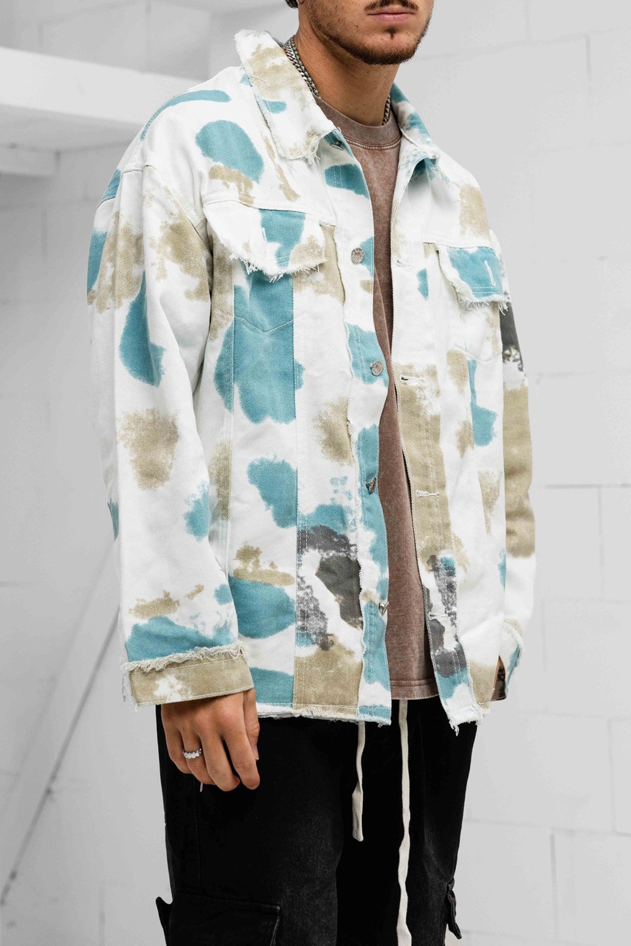 Oversized Distressed Denim Jacket - Cream / Blue