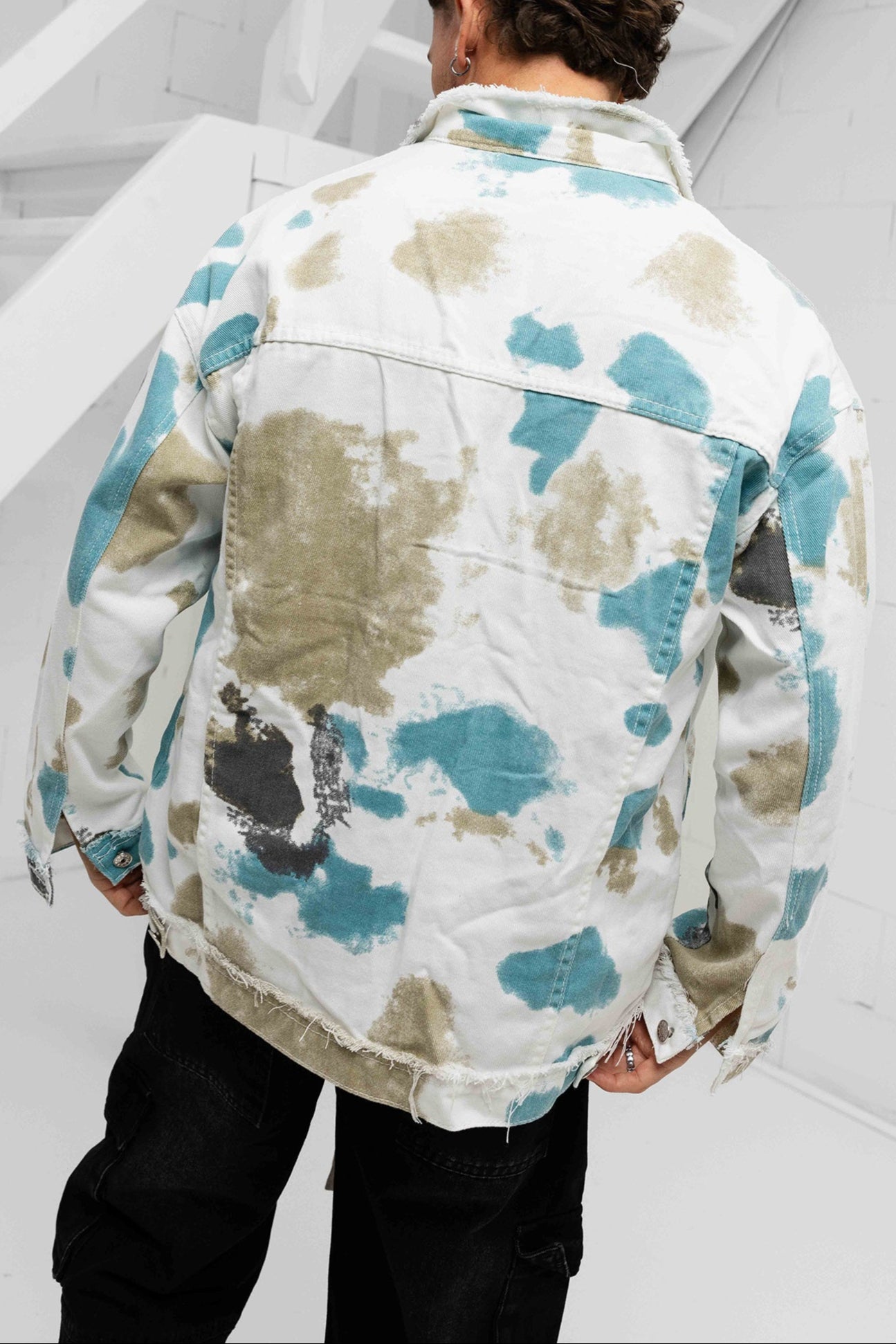 Oversized Distressed Denim Jacket - Cream / Blue