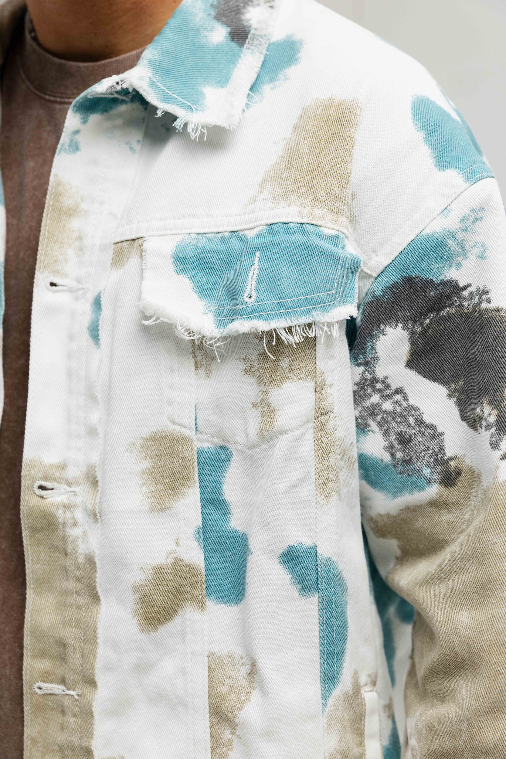 Oversized Distressed Denim Jacket - Cream / Blue