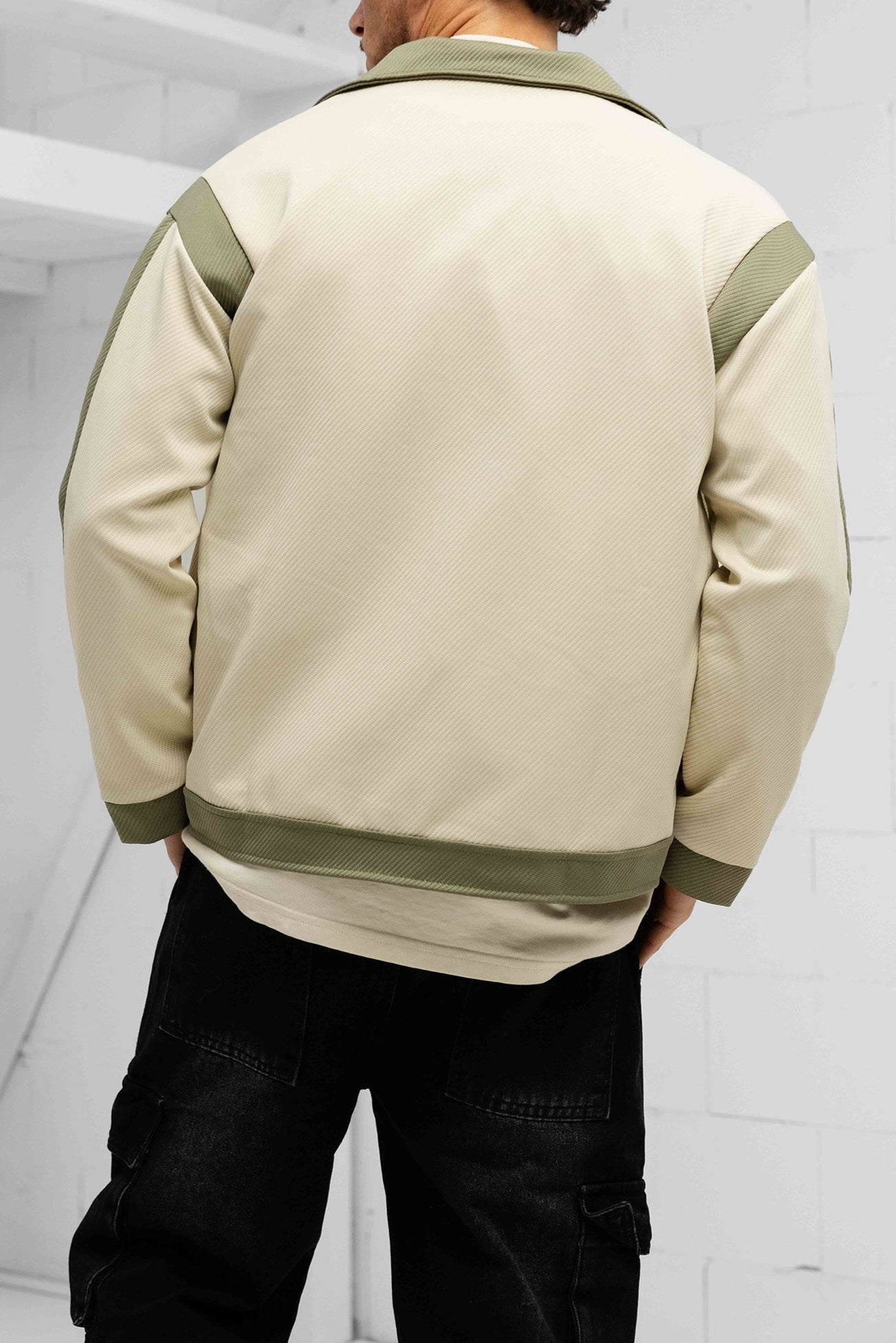 Contrast Block Collar Jacket - Khaki / White
