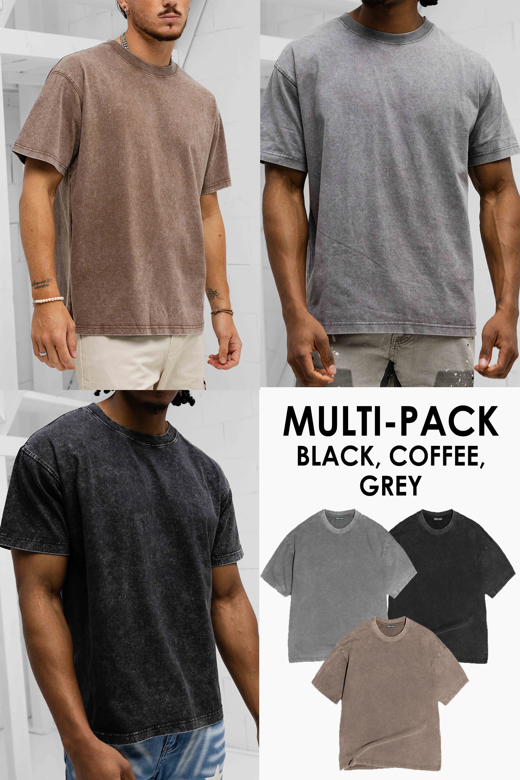 Vintage Crew Neck T-Shirt - Black, Grey, Coffee - 3 Pack