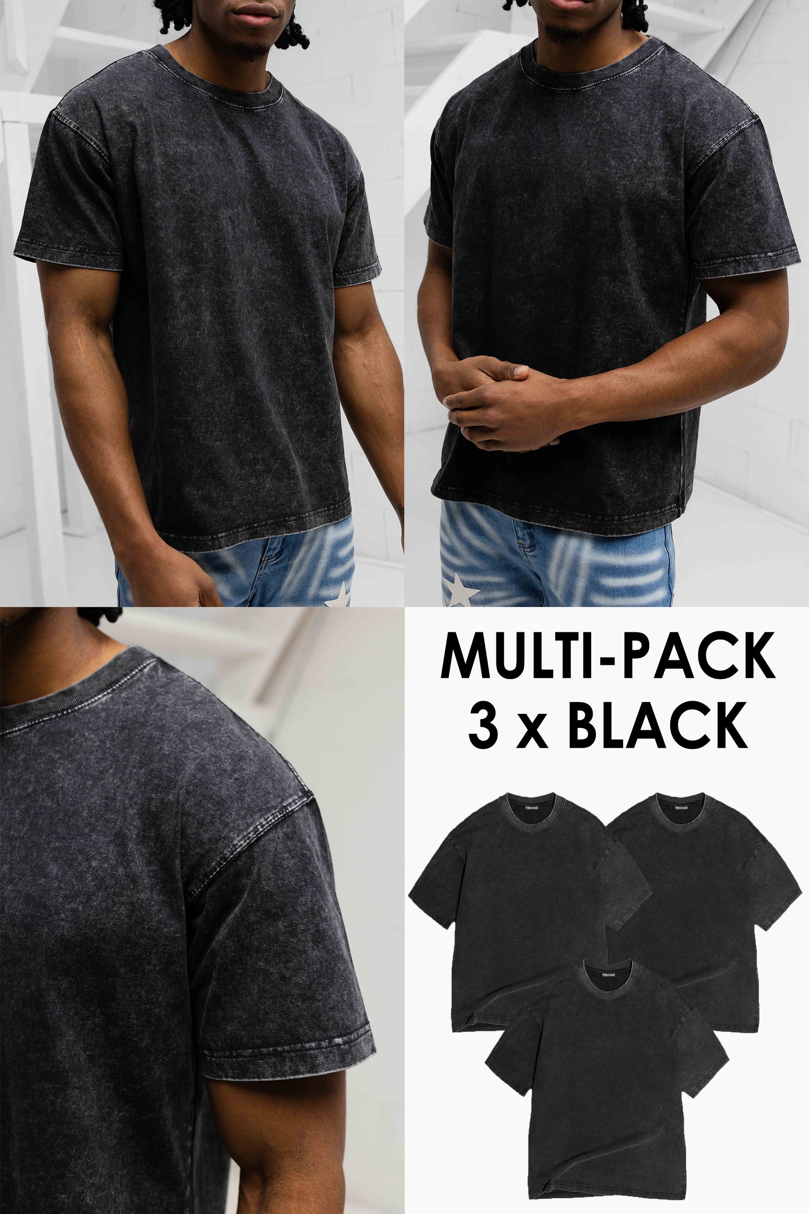 Vintage Crew Neck T-Shirt - Black - 3 Pack