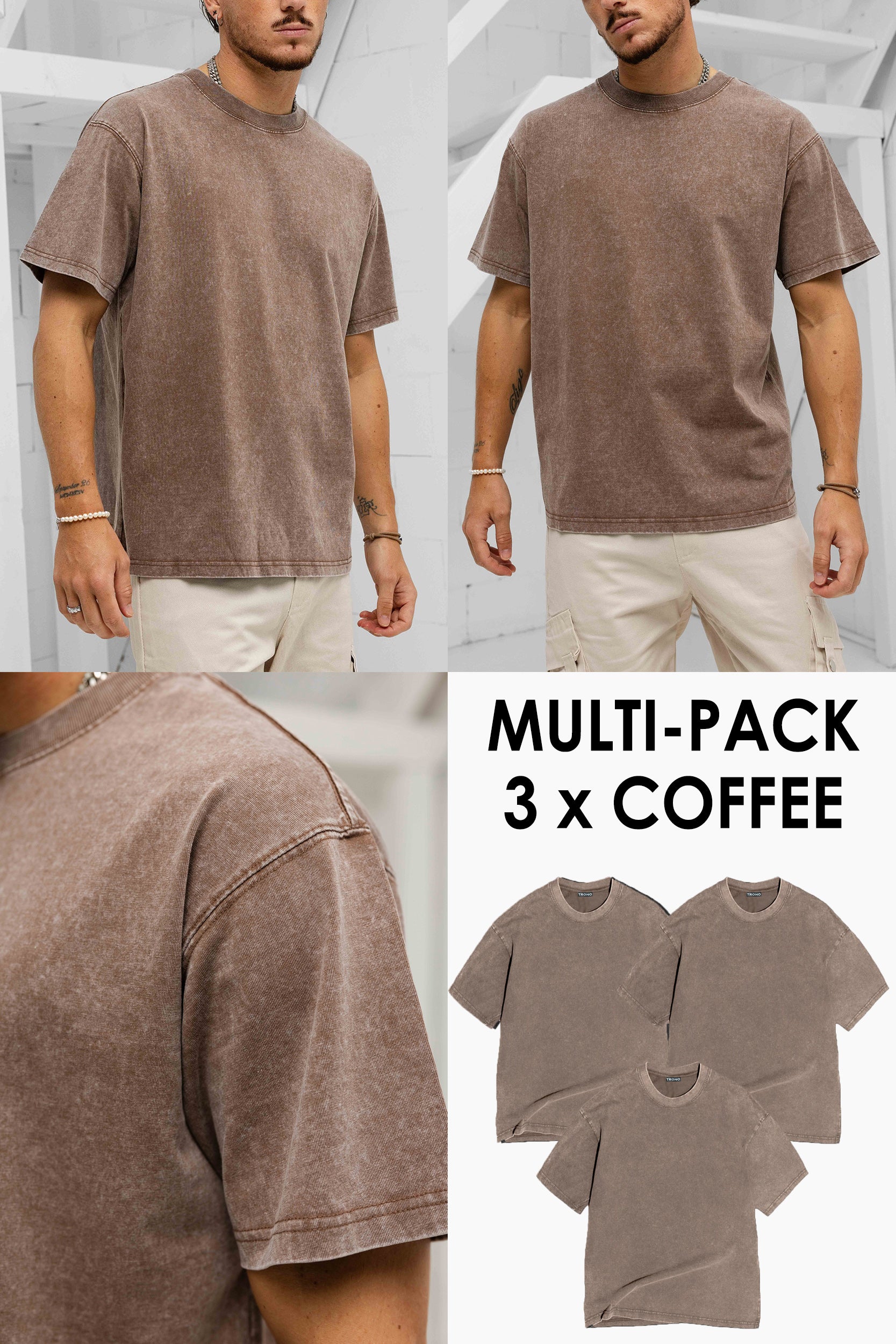 Vintage Crew Neck T-Shirt - Coffee - 3 Pack