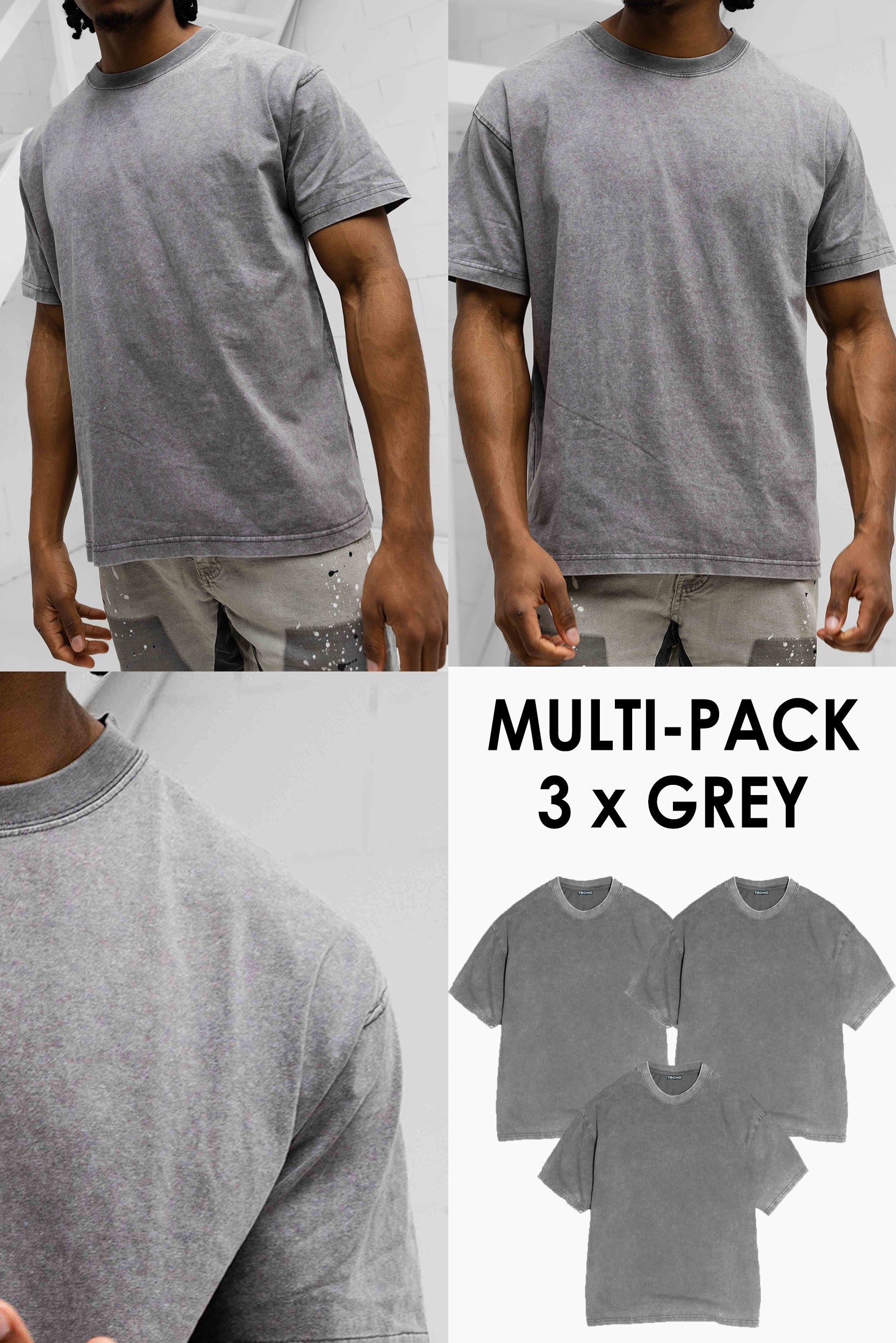 Vintage Crew Neck T-Shirt - Grey - 3 Pack