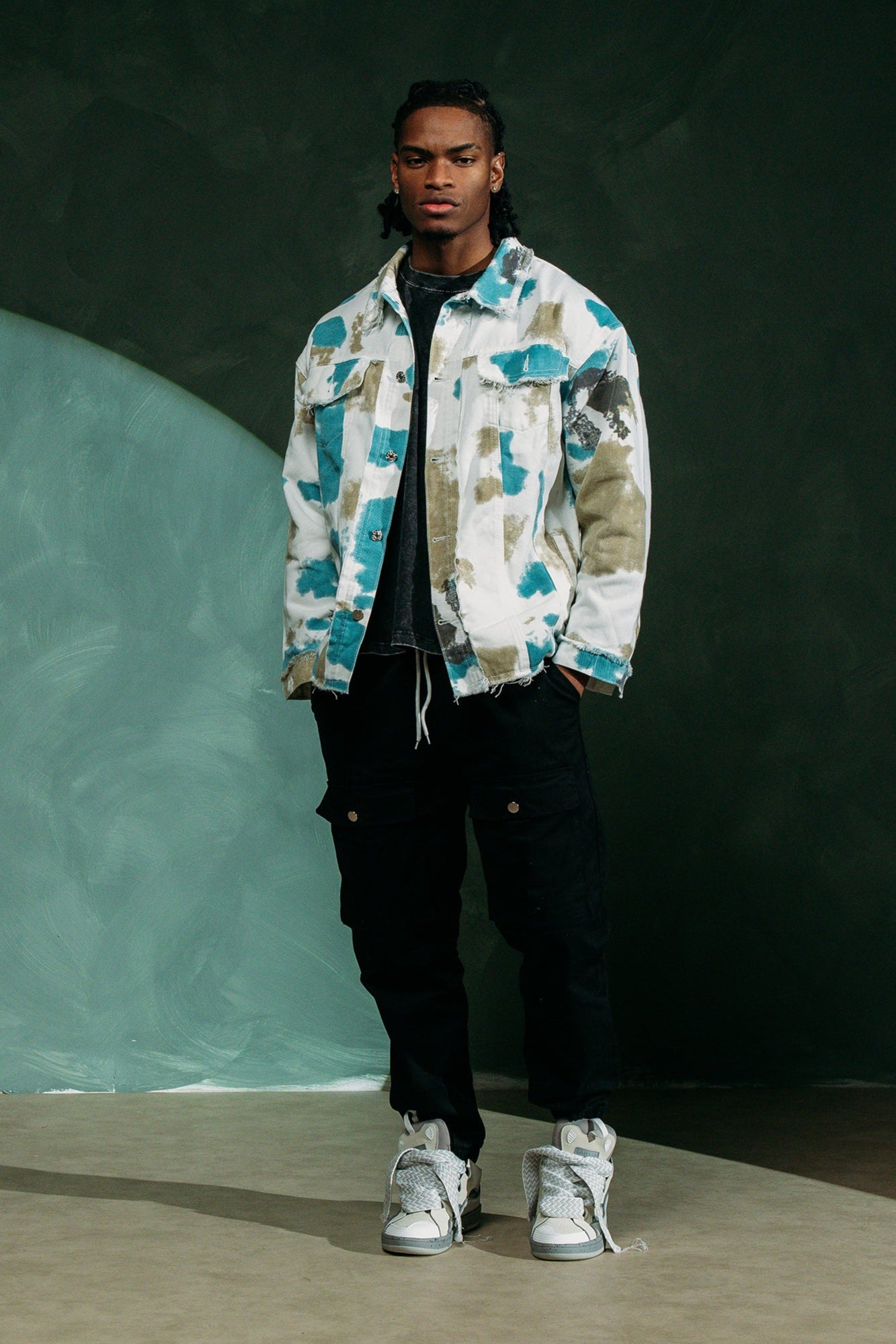 Oversized Distressed Denim Jacket - Cream / Blue