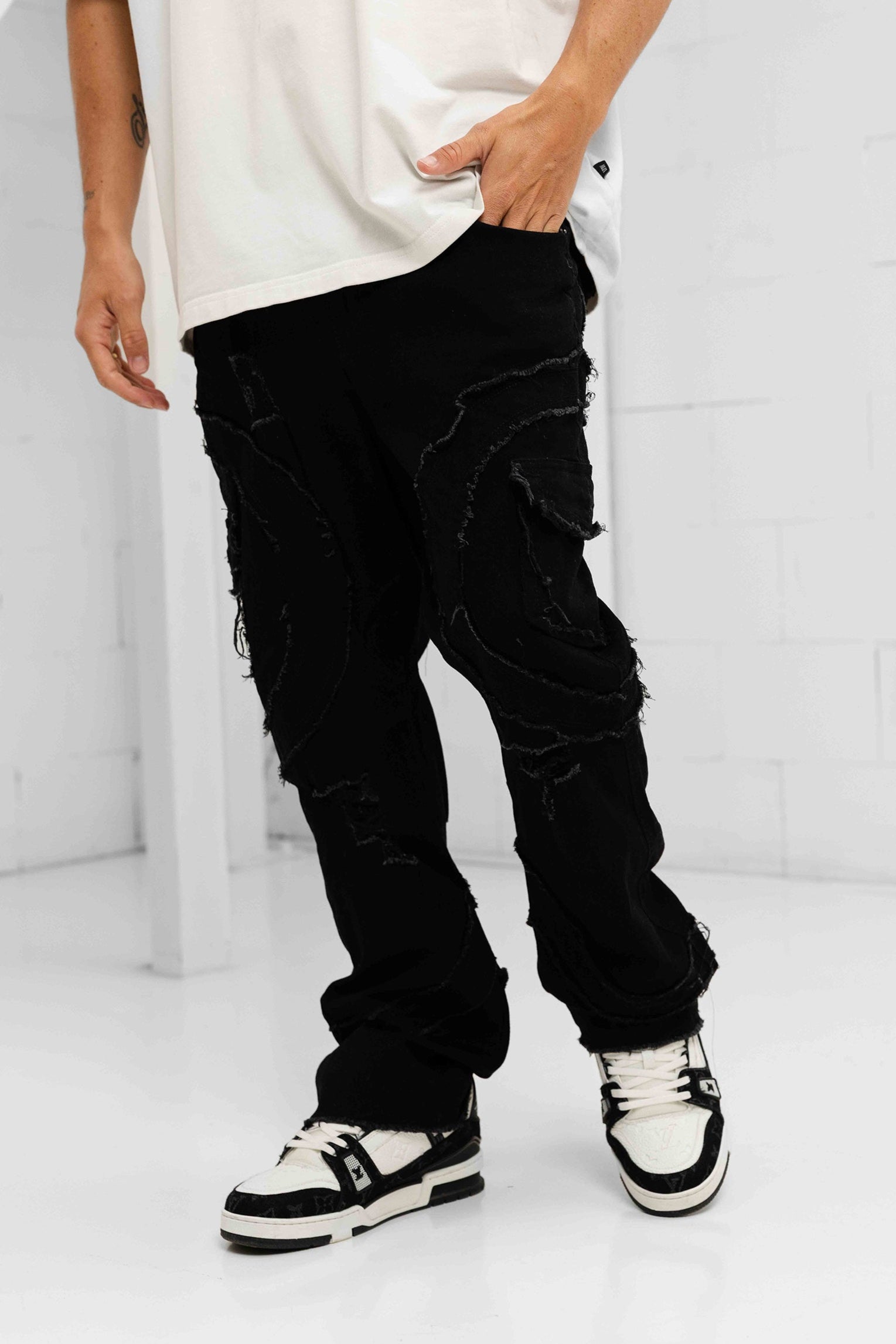 Verona Distressed Denim Cargos - Black