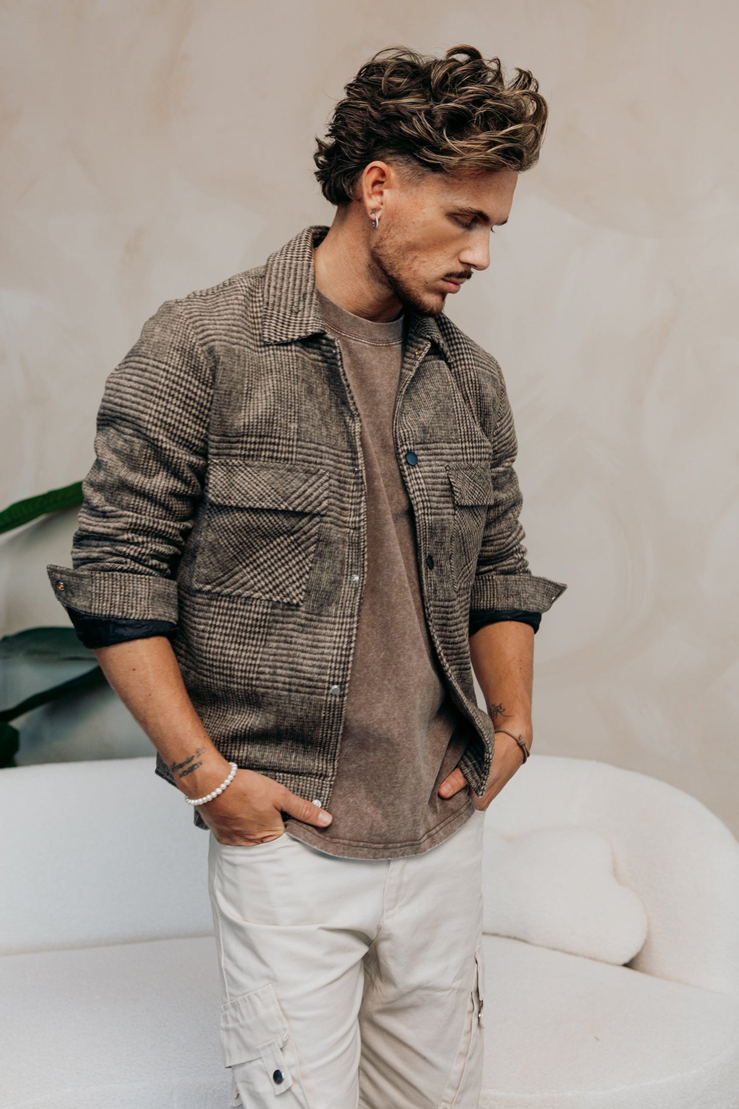 Tweed Wool Checkered Jacket - Khaki
