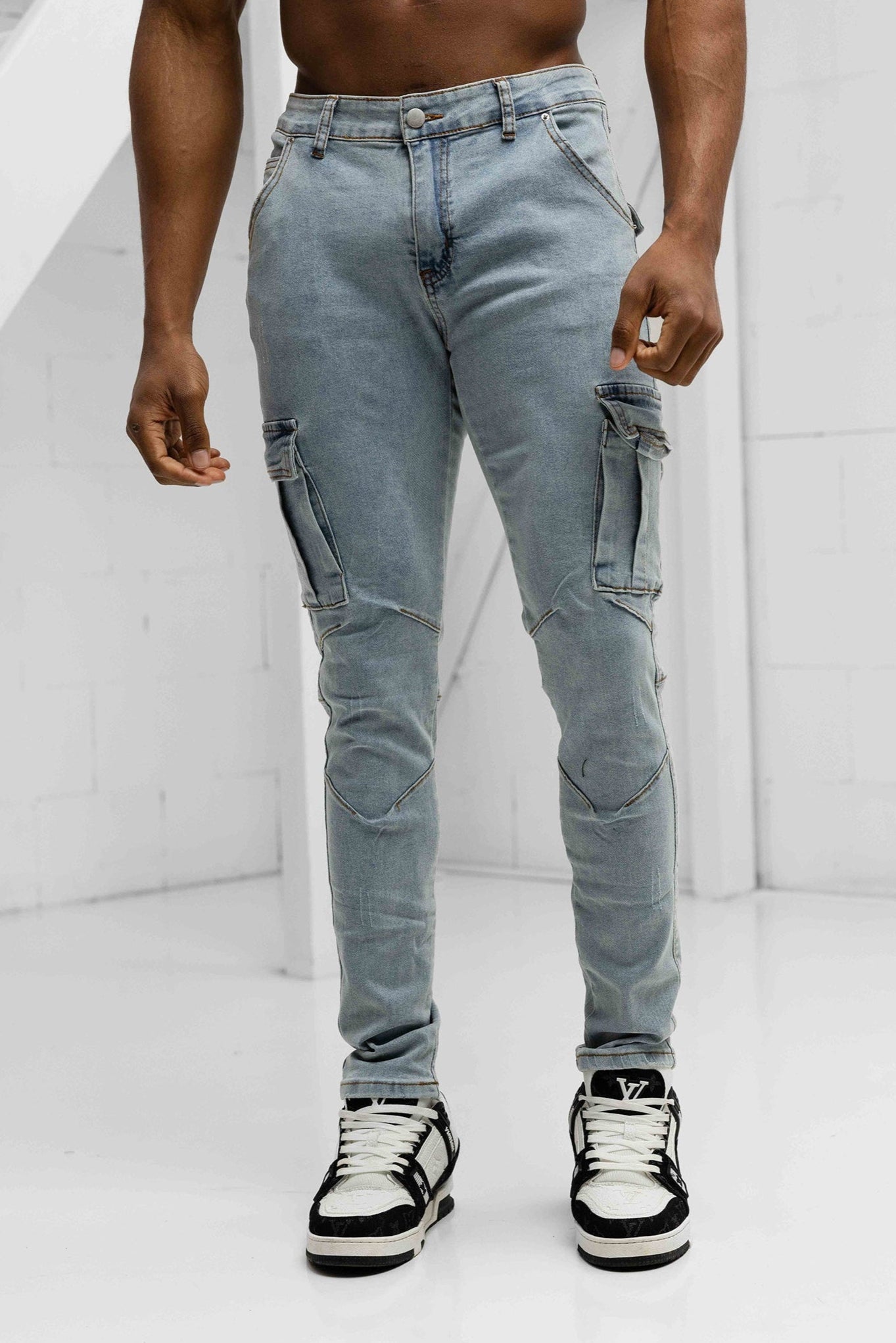 Slim Fit Washed Denim Cargos - Blue
