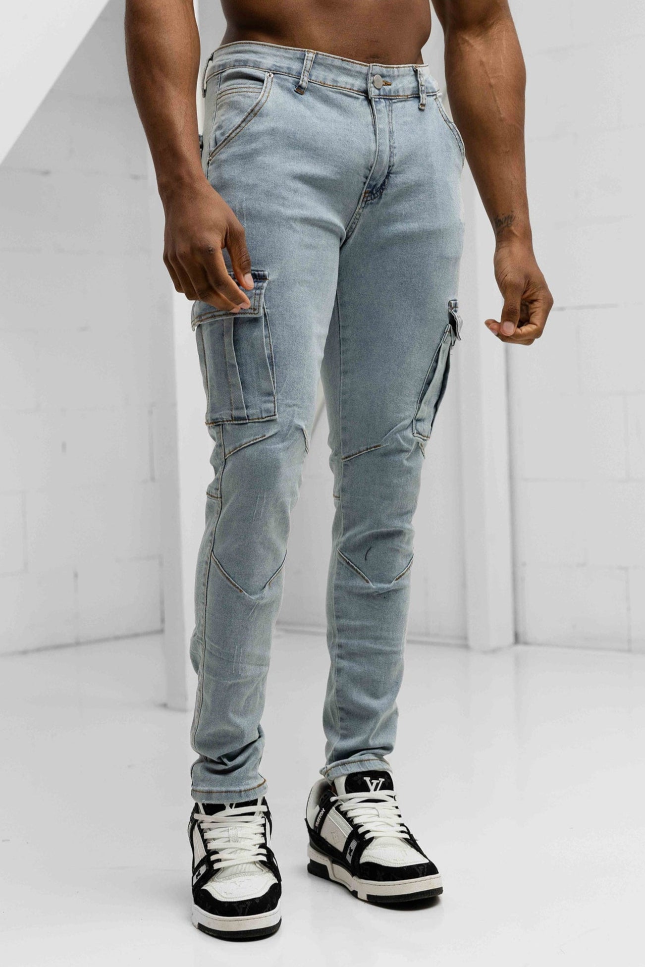 Slim Fit Washed Denim Cargos - Blue