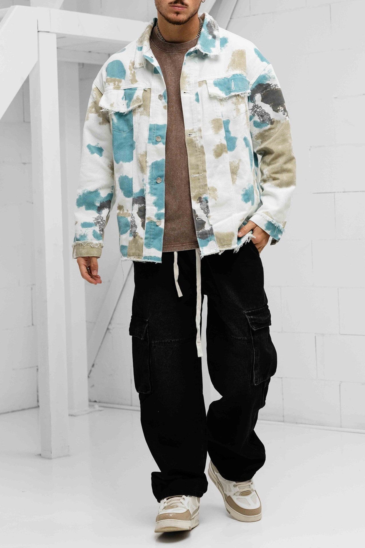 Oversized Distressed Denim Jacket - Cream / Blue