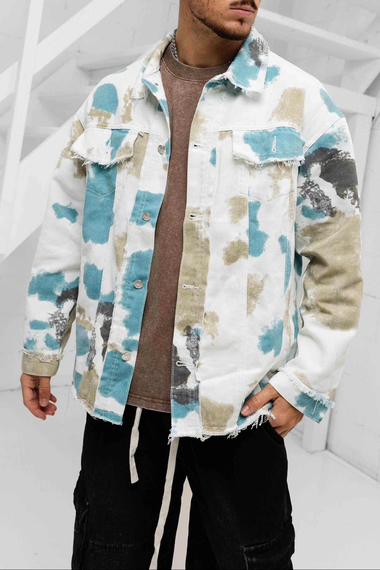 Oversized Distressed Denim Jacket - Cream / Blue