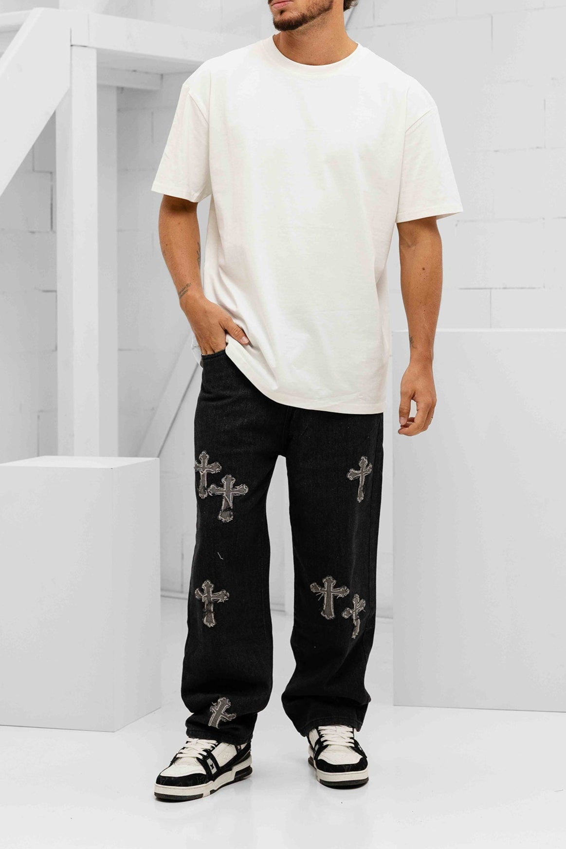Croce Icon Patched Denim Jeans - Black