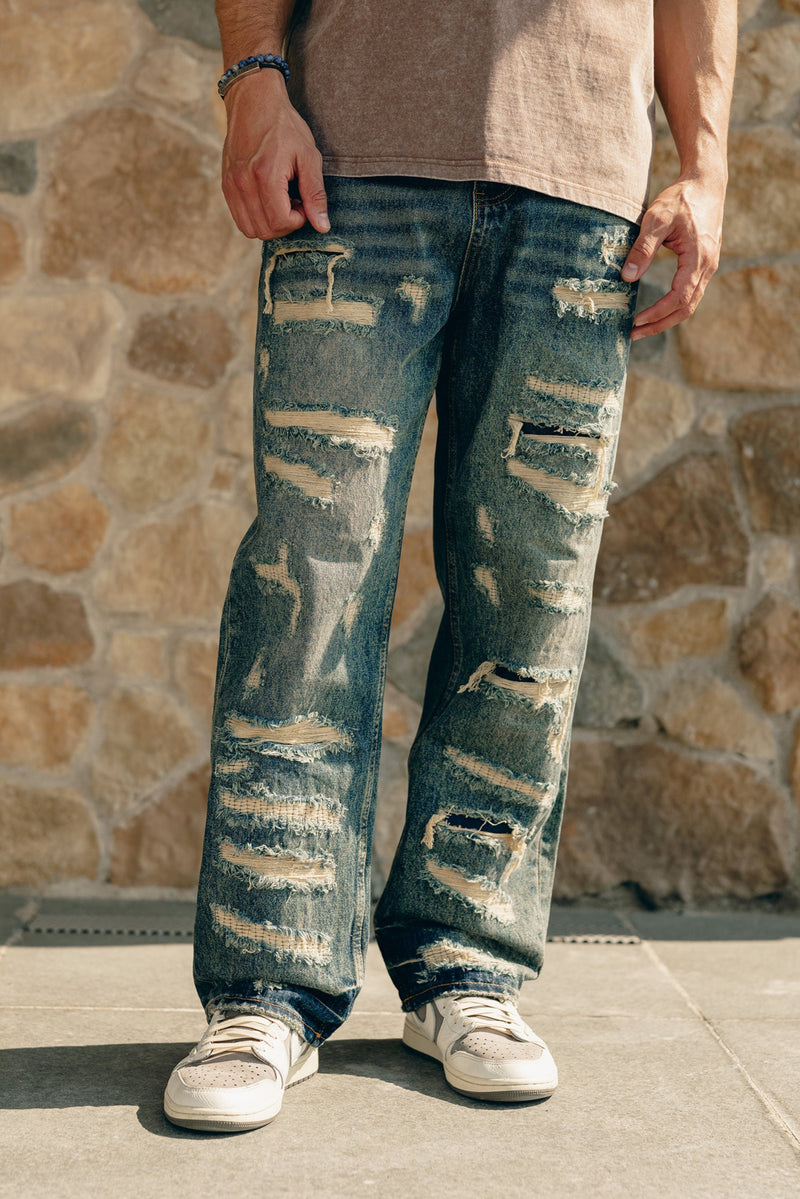 Fumo Baggy Distressed Jeans - Blue