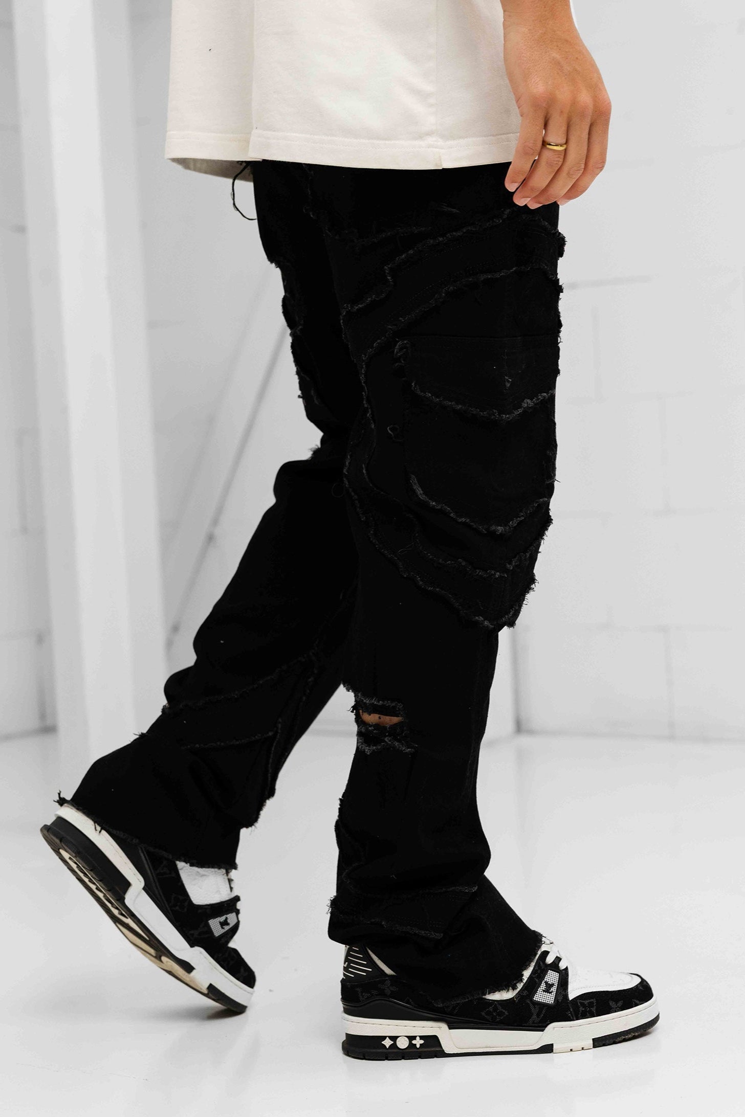 Verona Distressed Denim Cargos - Black